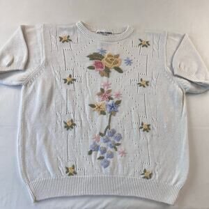 Alfred Dunner Petite Women's White Embroidered Pastel Flowers Floral Size PL